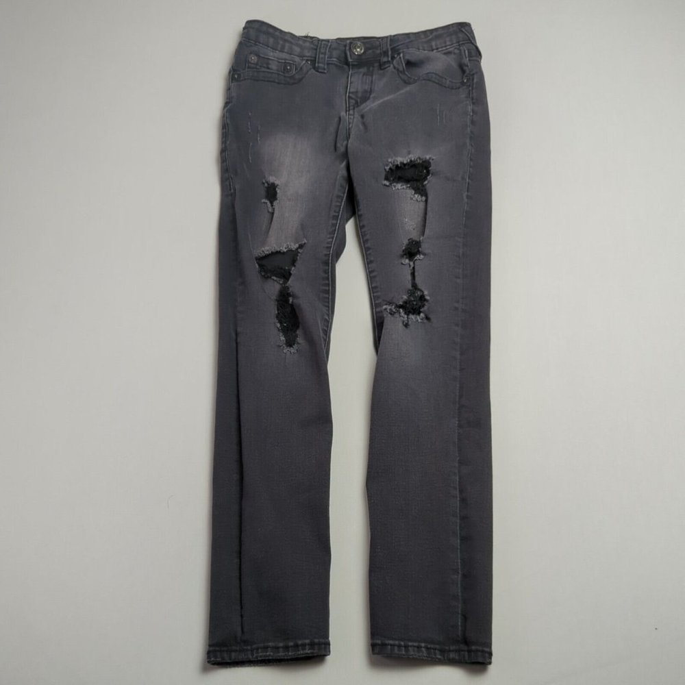 True Religion Womens 10 Black Relaxed Skinny Rocco Jeans Denim Pants Distressed